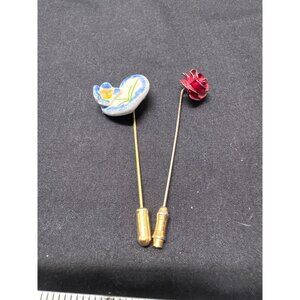 Vintage Artisan Enamel Flower Purple Iris Red Rose Floral Stick Pins Handcrafted